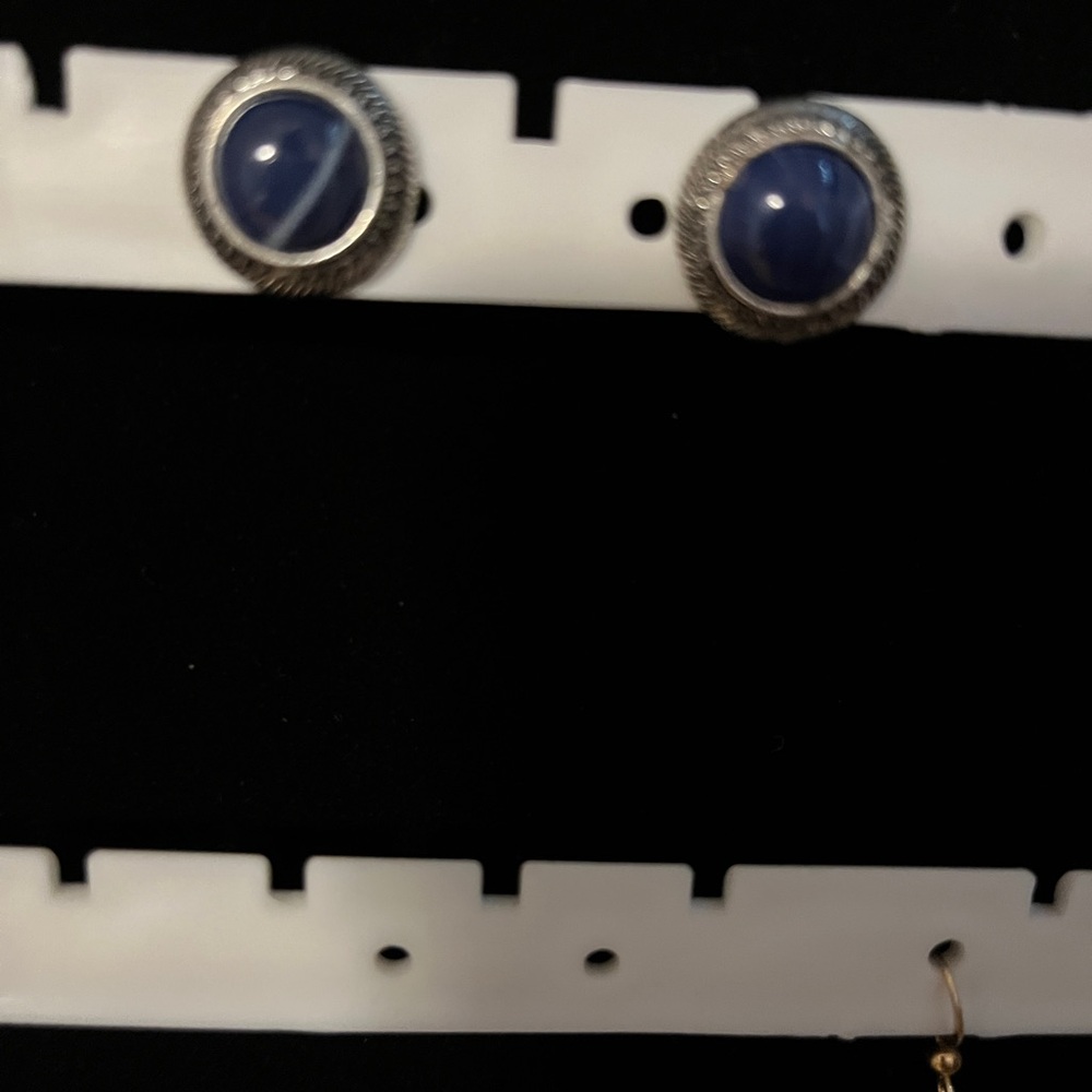 Circular blue gemstone silver tone earrings